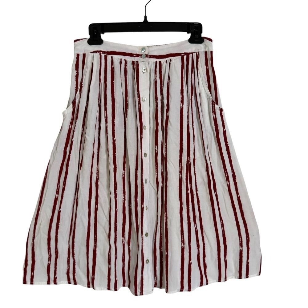 Coastal Red White Vertical Striped Button Front A Line Midi Skirt With Pockets M